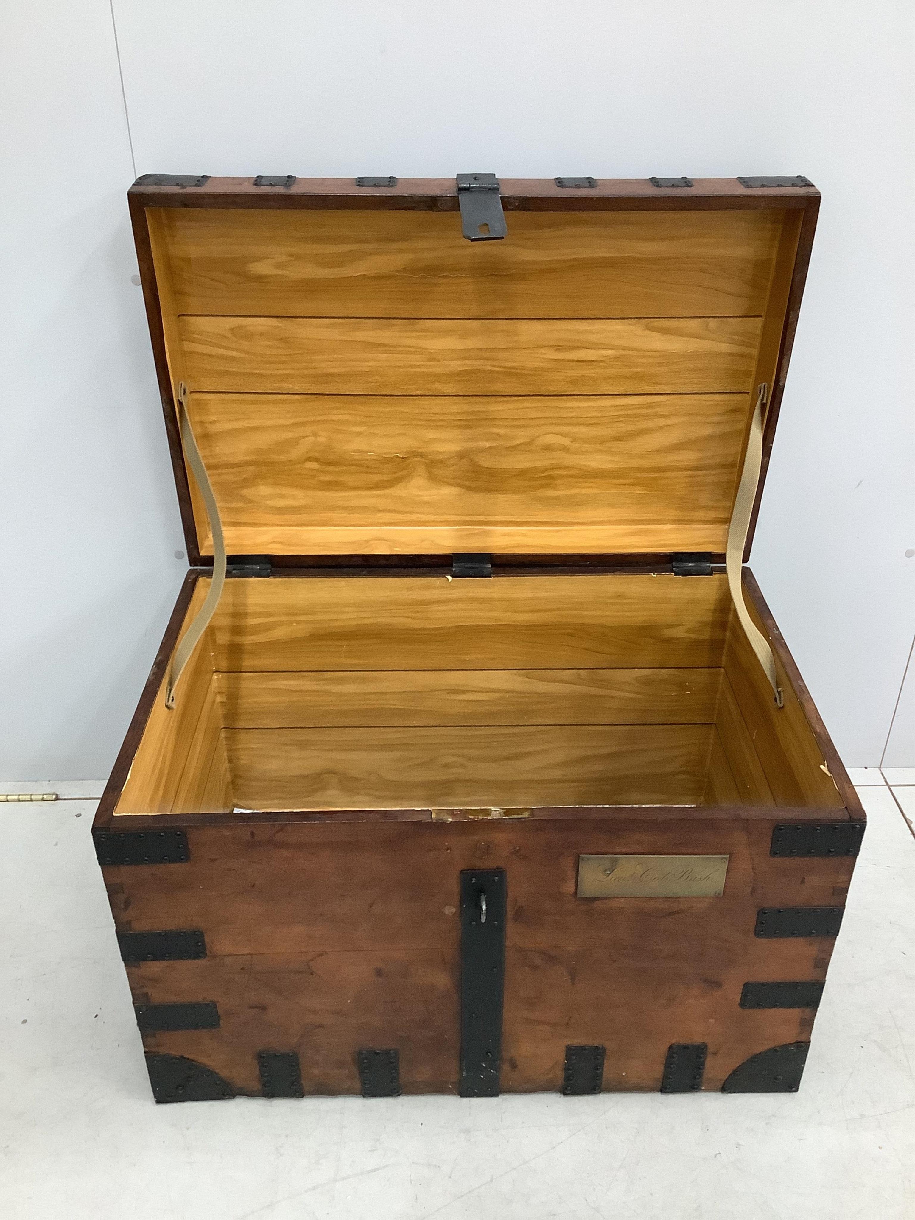 A Victorian oak and iron bound silver chest, brass plaque engraved Lieut. Col. Bush, width 86cm, depth 55cm, height 60cm